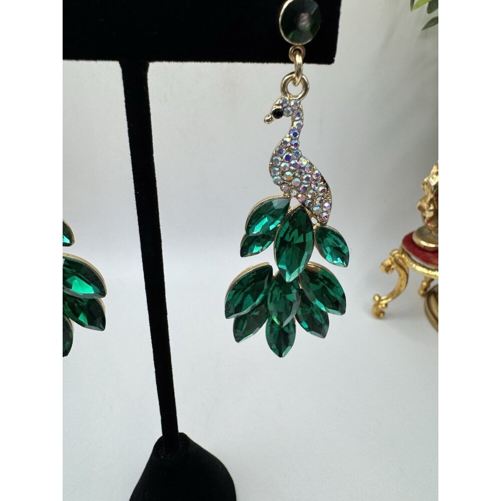 Peacock Drop Earrings Rhinestone Crystal Dangle Chandelier 2.9 inch Green - Picture 3 of 7